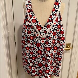 Trina Turk Red, White & Navy Floral V-Neck Tank. Size 16.